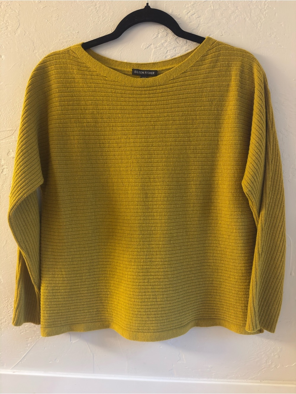 Eileen Fisher - Mustard Yellow 100% Wool Ribbed Knit Crewneck Sweater S